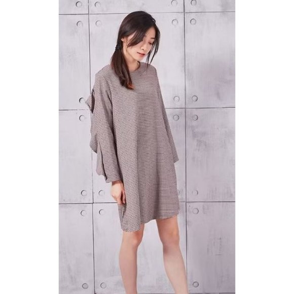 Zara Basic Womens Shift Mini Dress Hounds tooth Ruffle Long Sleeve Red Black XS - Picture 2 of 10